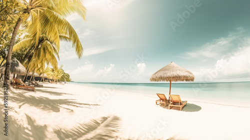 Amazing tropical beach landscape.Paradise beach background.Luxury vacation concept. White sand, chairs and umbrella. Generative AI