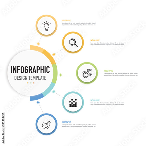 Circular mind map infographic template or element with 5 step, process, option, colorful 3D circle, tag, button, bar, thin line, icons, label for sale slide, brochure, flowchart, internet, banner, web