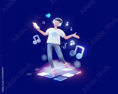 3d illustration of happy man with phone and headphones listening to music on color background with note. 3d render design of man character dancing with music note © wowomnom