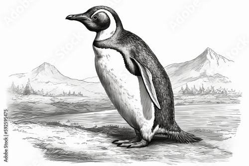 Hand drawn ink illustration of a emperor penguin in its natural habitat. Generative AI.