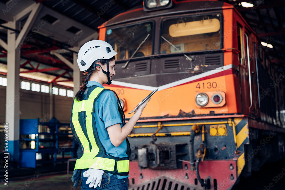 Portrait of professional woman engineer in white hardhat standing and holding tablet working in train factory. Portrait of professional woman engineer in white hardhat standing and holding tablet working in train factory.
