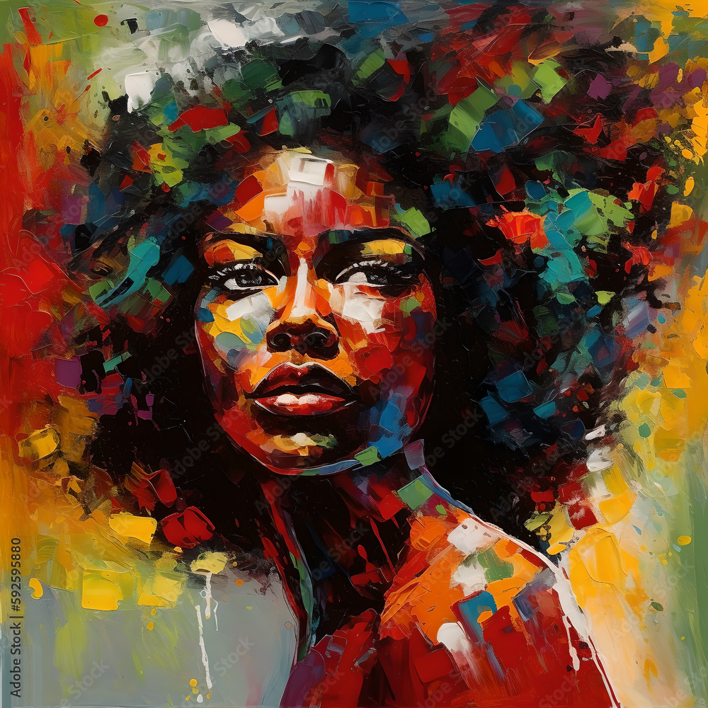 Portrait of afro american beautiful woman with splashes of colors. AI generated.