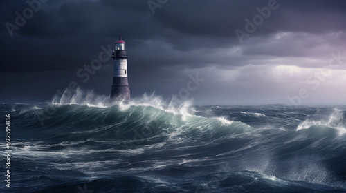 Illustration of a beautiful lighthouse in a dramatic storm. Generative AI © Mihai Zaharia