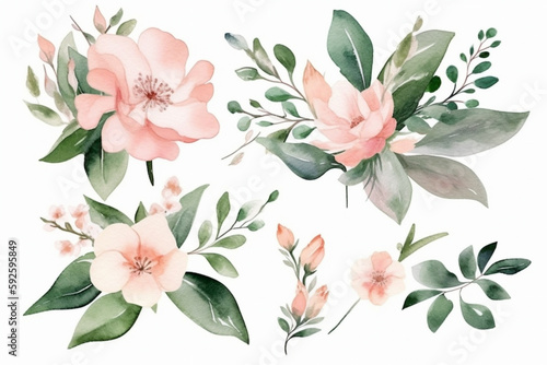 Hand drawn illustration of a watercolor pink flower with green leafs. Generative AI