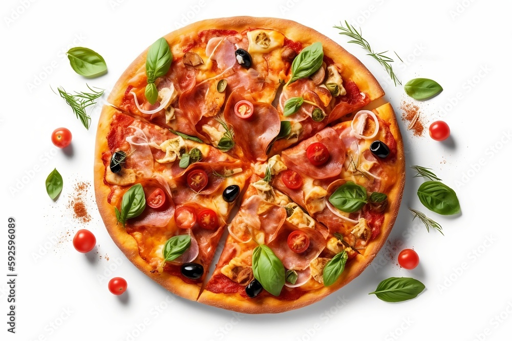 Margherita pizza topped with fresh basil cherry tomatoes prosciutto and olives top view on counter background Margherita pizza topped with fresh basil cherry tomatoes prosciutto and olives top view on counter background