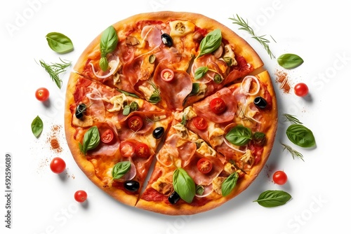 Margherita pizza topped with fresh basil cherry tomatoes prosciutto and olives top view on counter background