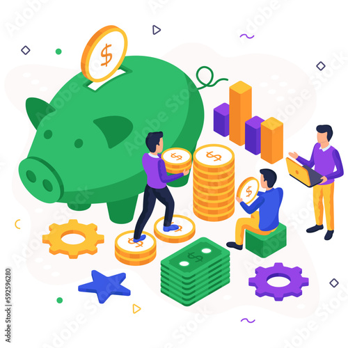 Dollar with penny showcasing piggy bank savings illustration