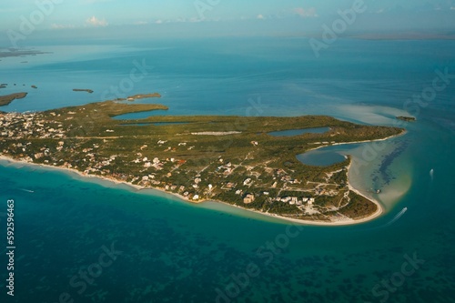 Drone shot of island from Isla Holbox, Quintana, Roo, Me, Mexico photo