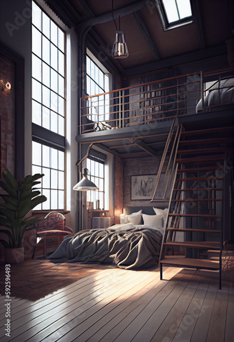 Designer master bedroom in loft style. AI Generated ©  iiulia