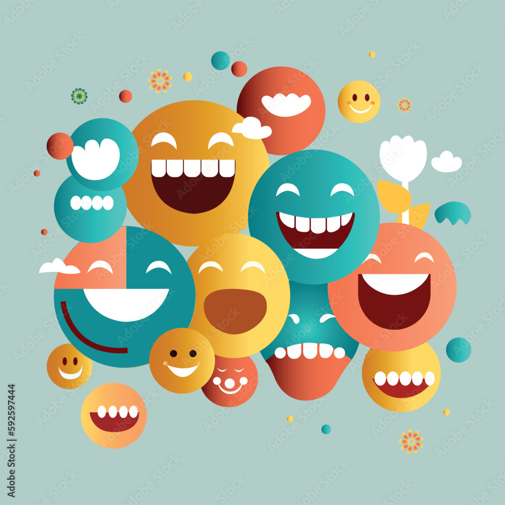 A colorful illustration of many smiling faces and the words smile