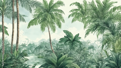 Fototapeta Naklejka Na Ścianę i Meble -  Palm trees in a jungle forest. decorative watercolor painting, landscape. Generative Ai
