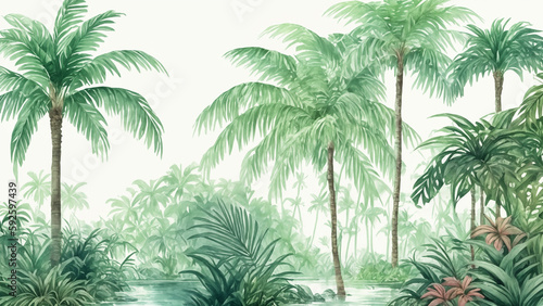 Palm trees in a jungle forest. decorative watercolor painting  landscape. Generative Ai