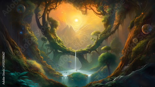 Painting of epic view from a mountai top with waterfall and in the far distance there is a wild forest with high rising trees rising up from the canopy with the sky filled with dancing s. generativ ai