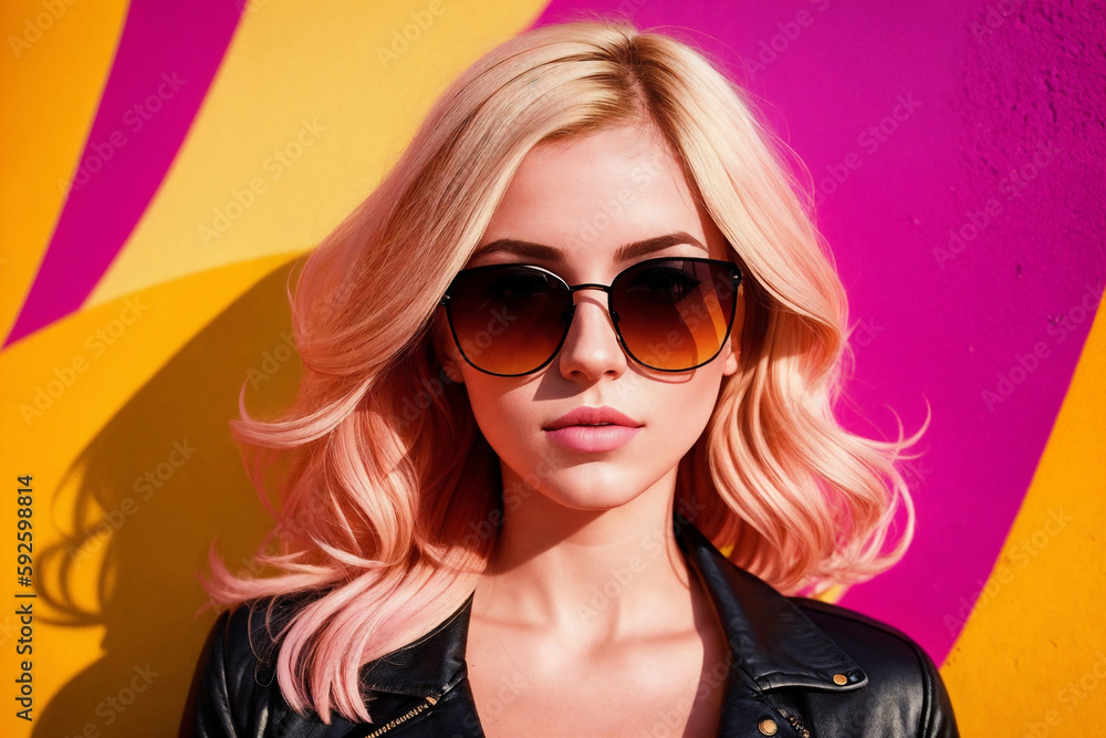 Portrait of a fashionable woman with blond hair and sunglasses on yellow background. Generative AI.