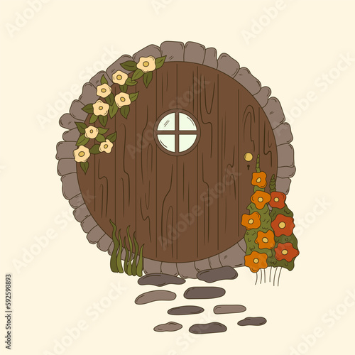 Hand drawn round cottage door in fairy style. Magic home front exterior. Green witch house aesthetic. Cartoon vector design