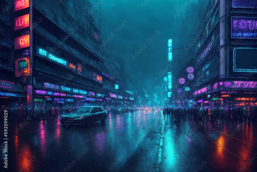 The street of the night city, a futuristic city in the rain, skyscrapers, cars and random people, in the fog. Generative AI.