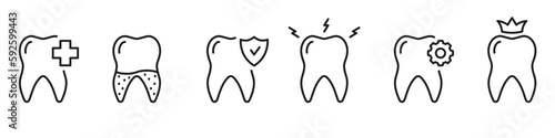Dental Diagnostic Line Icon Set. Toothache, Tooth Calculus, Teeth Repair Linear Pictogram. Dental Crown, Oral Care. Dentistry Symbol. Dental Treatment. Editable Stroke. Isolated Vector Illustration