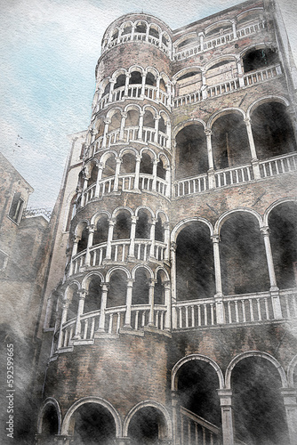 Watercolor of the Scala Contarini of Bovolo Venice