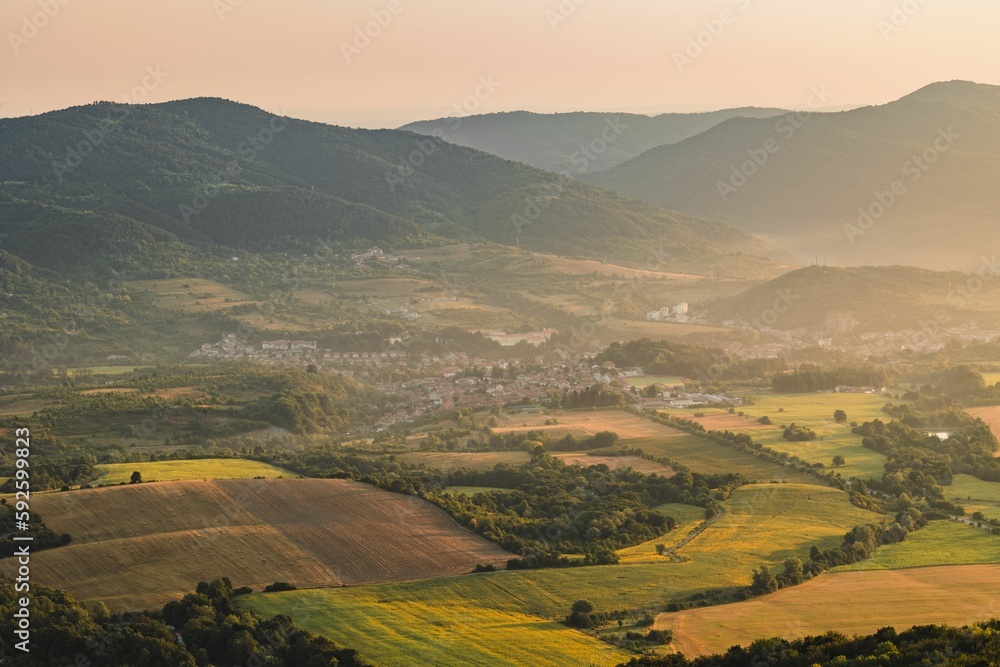 Aerial shot of a landscape during the sunrise in Bulgaria