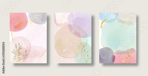 Watercolor art background vector. Wallpaper design with paint brush and gold line art. Editable