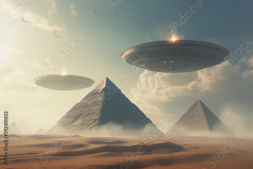 Sci-fi and fantasy concept. UFO and extraterrestrial ships flying over Egypt pyramids in desert during day time and sand storm. Generative AI