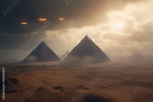 Sci-fi and fantasy concept. UFO and extraterrestrial ships flying over Egypt pyramids in desert during day time and sand storm. Generative AI © Rytis