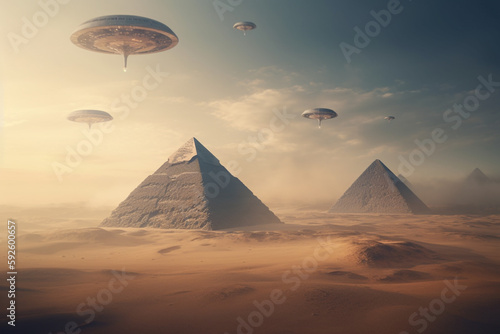 Sci-fi and fantasy concept. UFO and extraterrestrial ships flying over Egypt pyramids in desert during day time and sand storm. Generative AI