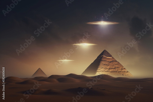 Sci-fi and fantasy concept. UFO and extraterrestrial ships flying over Egypt pyramids in desert during night time and sand storm. Generative AI