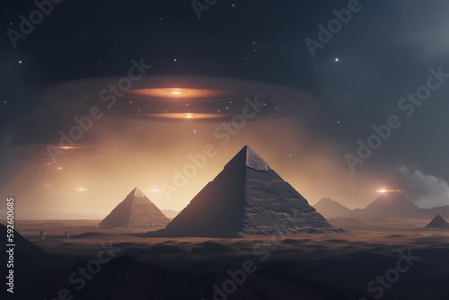 Sci-fi and fantasy concept. UFO and extraterrestrial ships flying over Egypt pyramids in desert during night time and sand storm. Generative AI