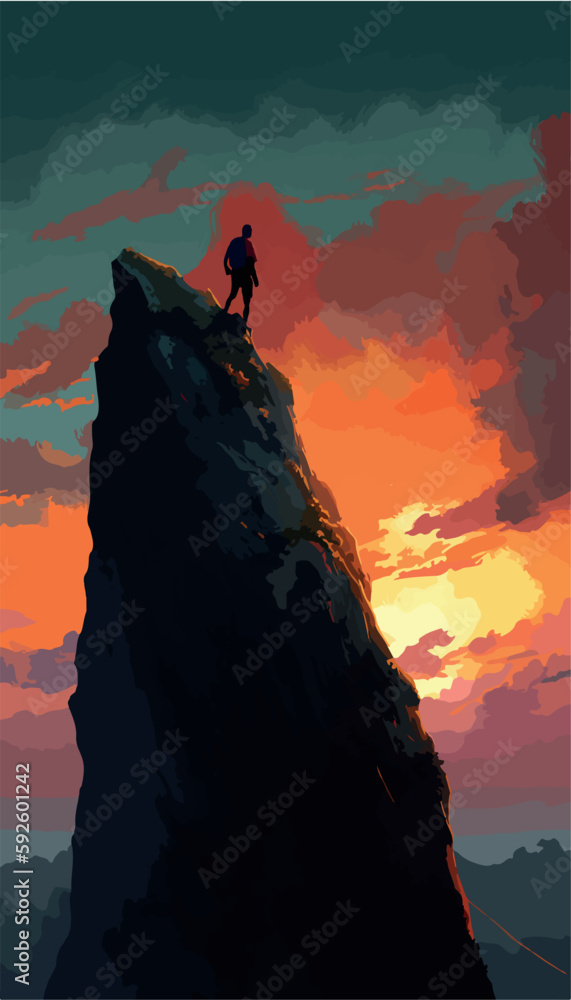 Rock climber on a cliff. Cartoon vector drawing of adventure. Man on a hill hiking up a mountain peak. Summer activity. Cool poster of climber looking at the sunset or the sunrise. Silhouette on top.
