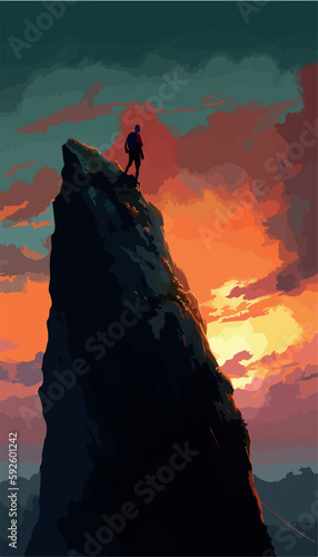 Rock climber on a cliff. Cartoon vector drawing of adventure. Man on a hill hiking up a mountain peak. Summer activity. Cool poster of climber looking at the sunset or the sunrise. Silhouette on top.