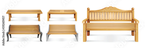 Realistic Wooden Park Benches Icon Set