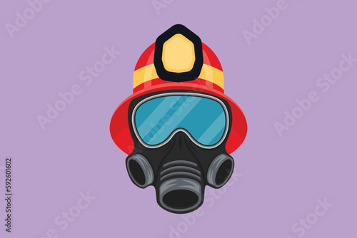 Graphic flat design drawing firefighter protective helmet and gas respirator. Firefighting equipment, mask with glasses and air filters. Protection against poisoning. Cartoon style vector illustration