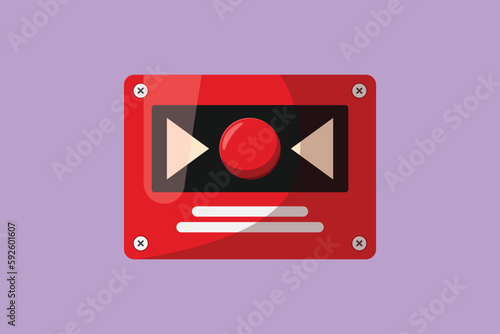 Cartoon flat style drawing of red fire alarm system signal device logo. Prevention, emergency, warning bell. Firefighter equipment. Professional tool and instrument. Graphic design vector illustration