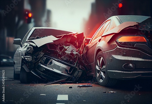 Cars crashed heavily in road accident after collision on city street. Road safety and insurance concept. Generative AI