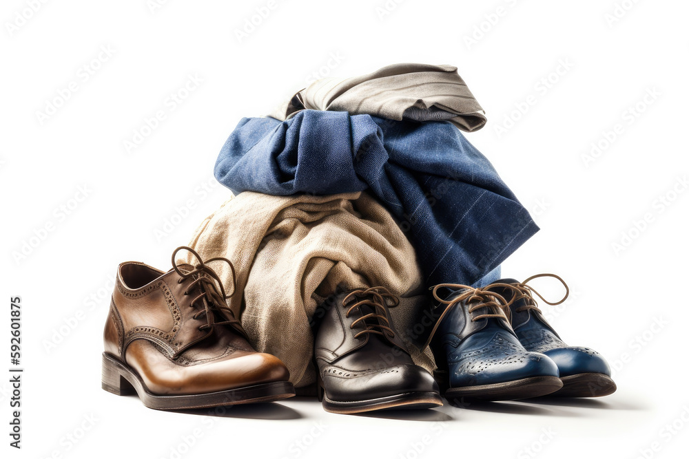 Used  Men's clothing, ties and shoes are stacked , ai generative