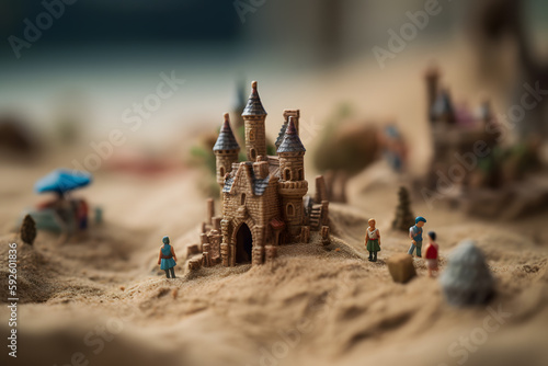 Cute tiny sandcastle, summer concept background, macro, Generative AI
