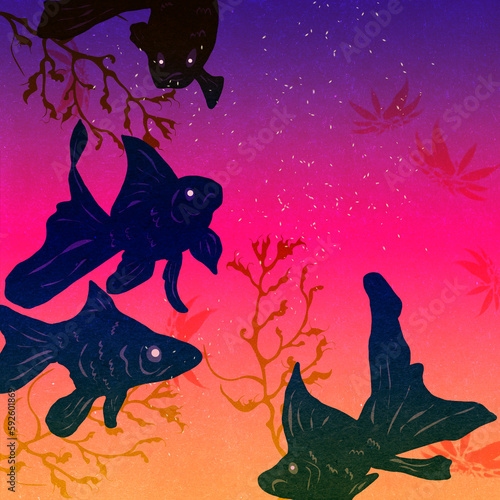 Ilustracja ryby welony pod wodą w abstrakcyjnych kolorach, jasna różowa woda z roślinami.