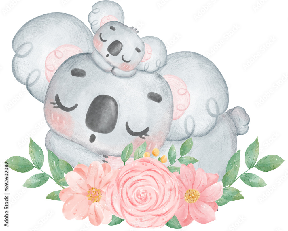 Cute Fuzzy-Eared Koala mother and baby with sweet flower banner Happy mother day watercolour whimsical Illustration