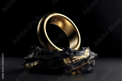 golden ring with diamonds and black and gold stone. Generative AI