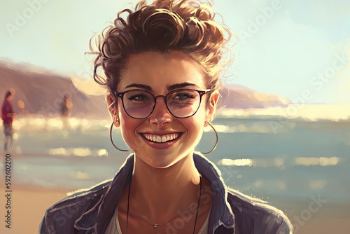 Generative AI, Young woman sunbathing on the beach beach, painting style