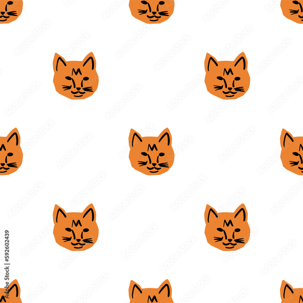 Seamless pattern with cat head illustration in minimalist cutting style on white background