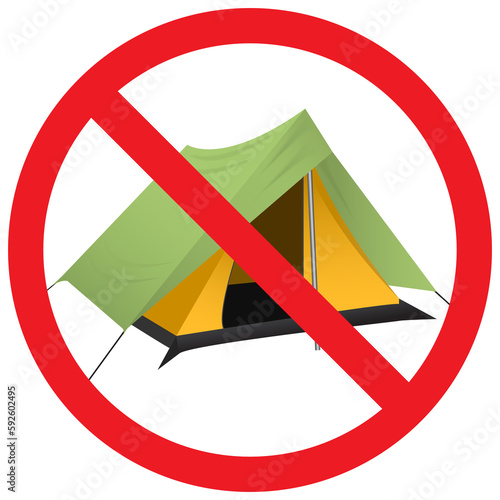 Sign no camping. Tourist tent icon. Forbidden symbol. Prohibition image of no camp allowed.