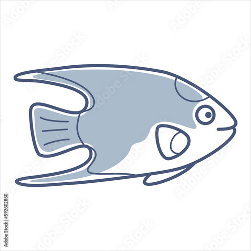 Vector outlineline illustration of sea fish angelfish with partial fill.