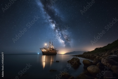 Fishing boat on the sea among the night sky with many stars reflected in the water. AI Generated