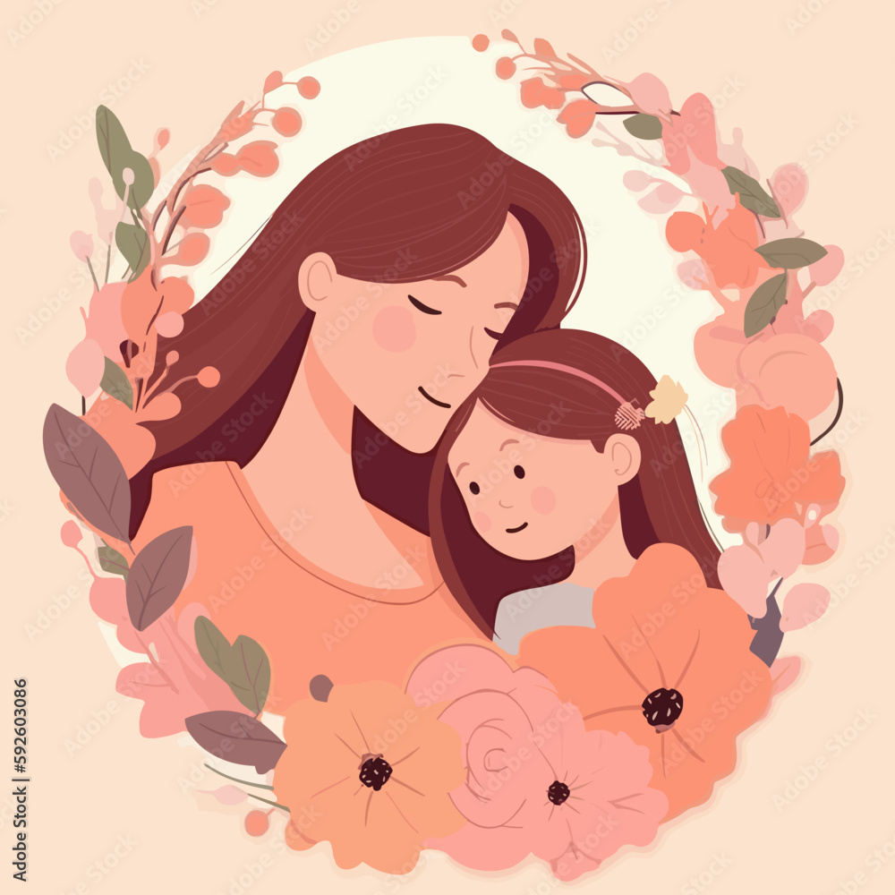 Happy Mother's Day Template Card Vector Illustration, Mother and Daughter Love, Family Love