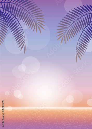 Fototapeta Naklejka Na Ścianę i Meble -  Vector Tropical Resort Background At Sunrise Or Sunset With Palm Leaves. 
