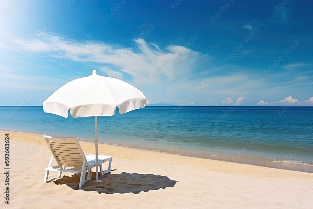 White Sandy Beach with a White Beach Chair and White Umbrella, Generative AI