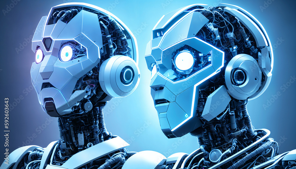 Fototapeta premium Blue and white artificial intelligence robot wit LED and Neon lights. High-tech cyborg android. Intelligent chat bot life form. Chat bot. Generative AI