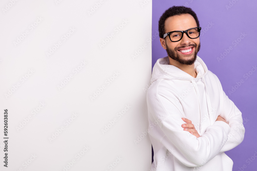 Photo of young confident satisfied businessman crossed hands smart entrepreneur banner novelty info isolated on purple color background Photo of young confident satisfied businessman crossed hands smart entrepreneur banner novelty info isolated on purple color background